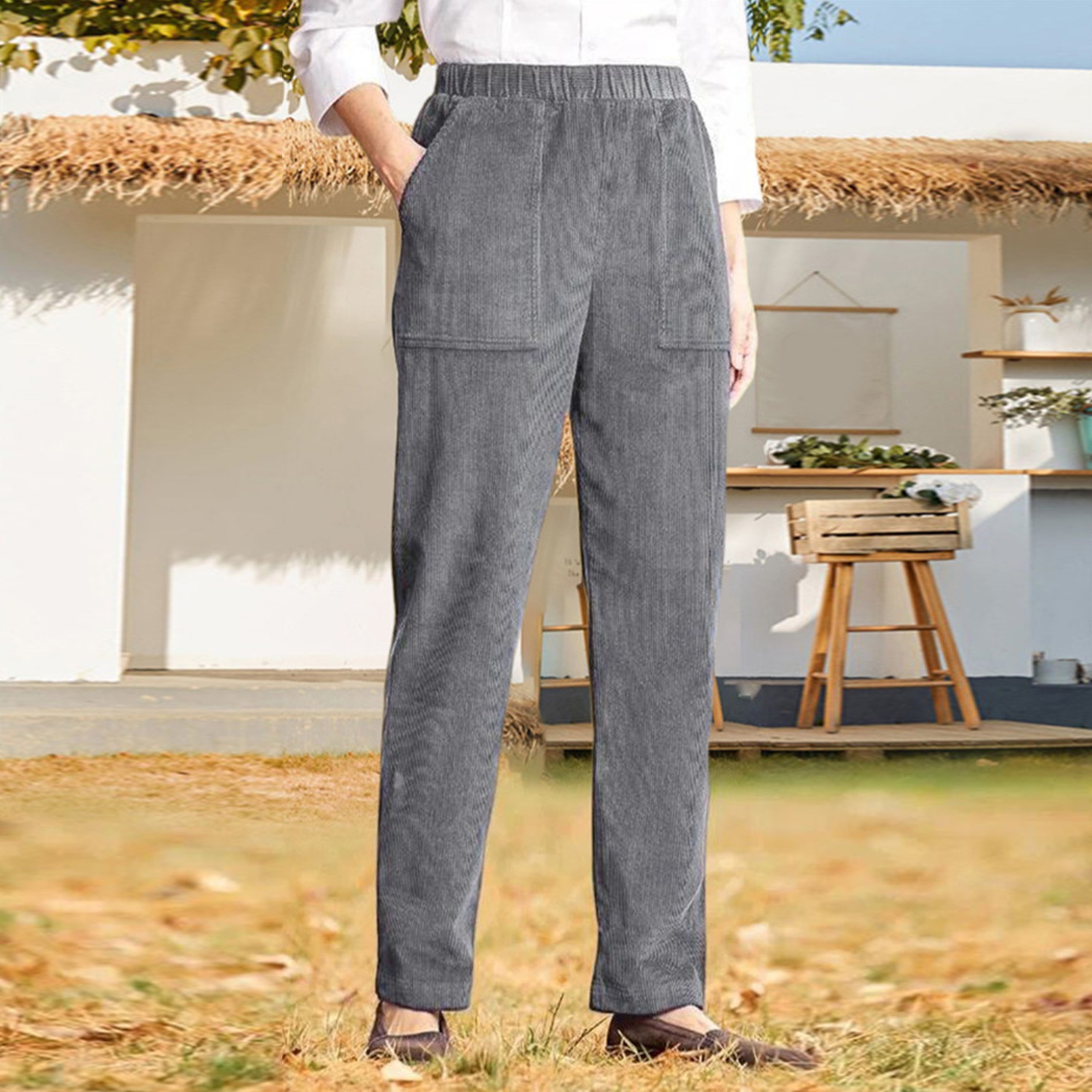 thumbnail image 2 of Pantalones informales de mujer con cintura elástica y rayas - Diseño con bolsillos, corte recto, mezcla de poliéster y spandex (tallas S-XXL), 2 of 4